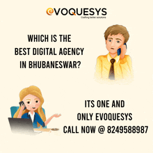 a cartoon of a man and a woman talking on a cell phone with the words which is the best digital agency in bhubaneswar