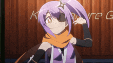 a girl with purple hair and a star on her head stands in front of a sign that says k.