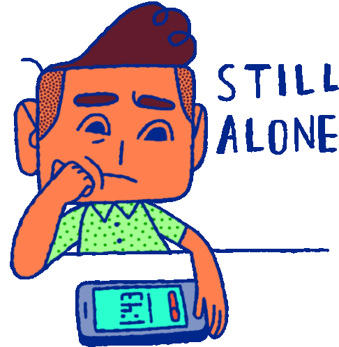 Sad Chip Looking At Phone With Caption Still Alone Sticker - Hopeless Romance101 Still Alone Phone Stickers