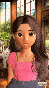 a cartoon girl in a pink top and blue shorts stands in front of a window
