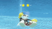 a cartoon character is swimming in a pool with two stars above him