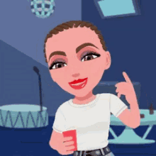 a cartoon of a woman holding a red cup