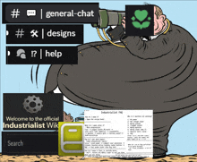 a cartoon of a man looking through a telescope with the words general-chat designs help and search at the top