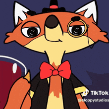 a cartoon fox with glasses and a red bow tie