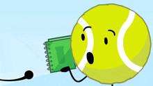 a tennis ball with arms and legs is holding a green notebook