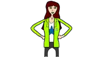 a cartoon drawing of a woman wearing a green jacket with ch on it