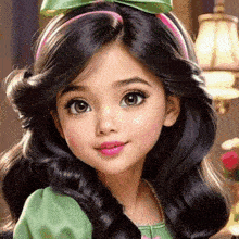 a little girl with long dark hair is wearing a green dress and a headband with a pink bow .