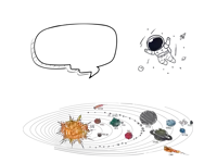 a drawing of the solar system with an astronaut and speech bubble