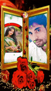 a picture of a man and a woman in a frame with roses
