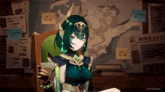a green haired anime girl is sitting in a chair holding a cup .