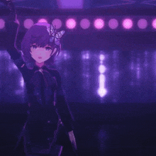a purple anime girl with a butterfly on her head
