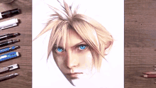 a drawing of a man with blue eyes and blonde hair