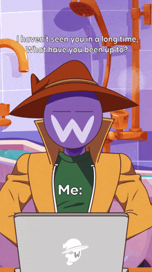 a cartoon of a man with a w on his face sitting in front of a laptop computer