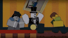 a group of cartoon characters standing next to each other in a room with a picture on the wall .