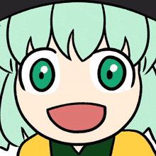 a cartoon character with green eyes and a yellow shirt is smiling