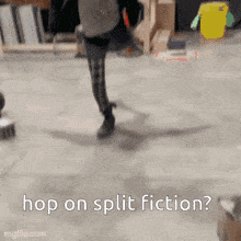 a person is jumping in the air with the words hop on split fiction