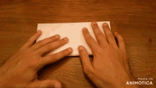 a person 's hands folding a piece of paper with the words made in animotica below