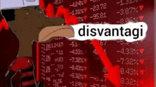 a cartoon of a man standing in front of a wall with the word disvantagi written on it