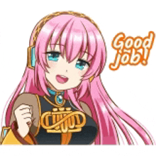 a girl with pink hair and blue eyes is wearing headphones and says good job .