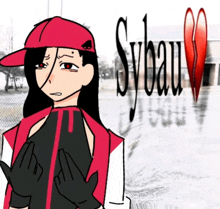 a drawing of a girl in a red hat with sybau written in the background