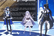 three anime characters are standing in front of a sign that says synopolis on it