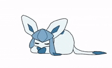 a cartoon drawing of a blue and white rabbit laying down with its eyes closed .