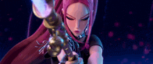 a cartoon girl with long red hair is holding a sword in her hand .