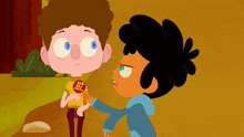 two cartoon characters one of whom is wearing a yellow shirt that says let 's play chicken
