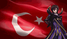 a person standing in front of a flag with a crescent moon and star on it