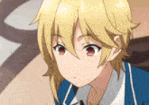a blonde anime character with red eyes and a blue jacket