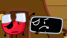 a cartoon character with a sad face is standing next to a chalkboard