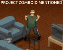 a pixel art of a man jumping in a living room with the words project zombodid mentioned