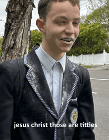 jesus christ those are titties is written on a picture of a man