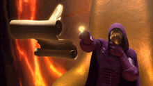 a cartoon character in a purple cape holds a torch
