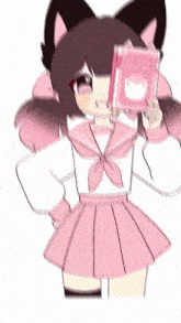 a drawing of a girl in a pink skirt holding a book