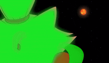 a cartoon character with a crown on his head is flying through space with a green background