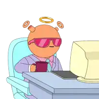 a cartoon character wearing sunglasses is sitting at a desk with a cup of coffee