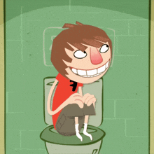 a cartoon of a boy sitting on a toilet with a big smile on his face