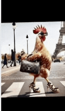 a chicken wearing high heels and a purse crosses a street