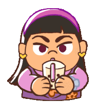 a cartoon girl with a purple headband is drinking from a cup