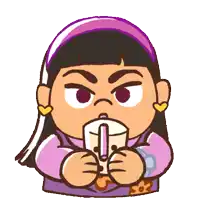 a cartoon girl with a purple headband is drinking from a cup