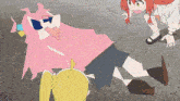 a girl in a pink shirt is laying on the ground while another girl looks on