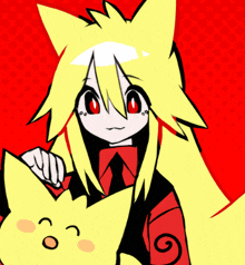 a cartoon girl with yellow hair and red eyes is holding a yellow cat