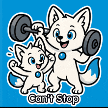 a cartoon illustration of a dog lifting a dumbbell and the words can 't stop below it