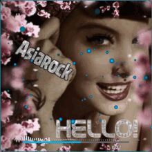 a picture of a woman surrounded by flowers with the words hello written on it