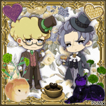 a couple of cartoon characters standing next to a cup of coffee and a rabbit