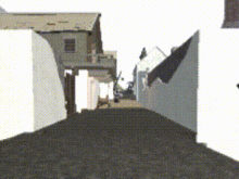 a black and white drawing of a narrow street