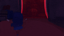 a blue cartoon character is walking through a dark room