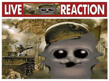 a picture of a cat wearing a military hat with the words live reaction on the bottom