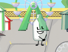 a cartoon drawing of a ferris wheel with a bottle in front of it